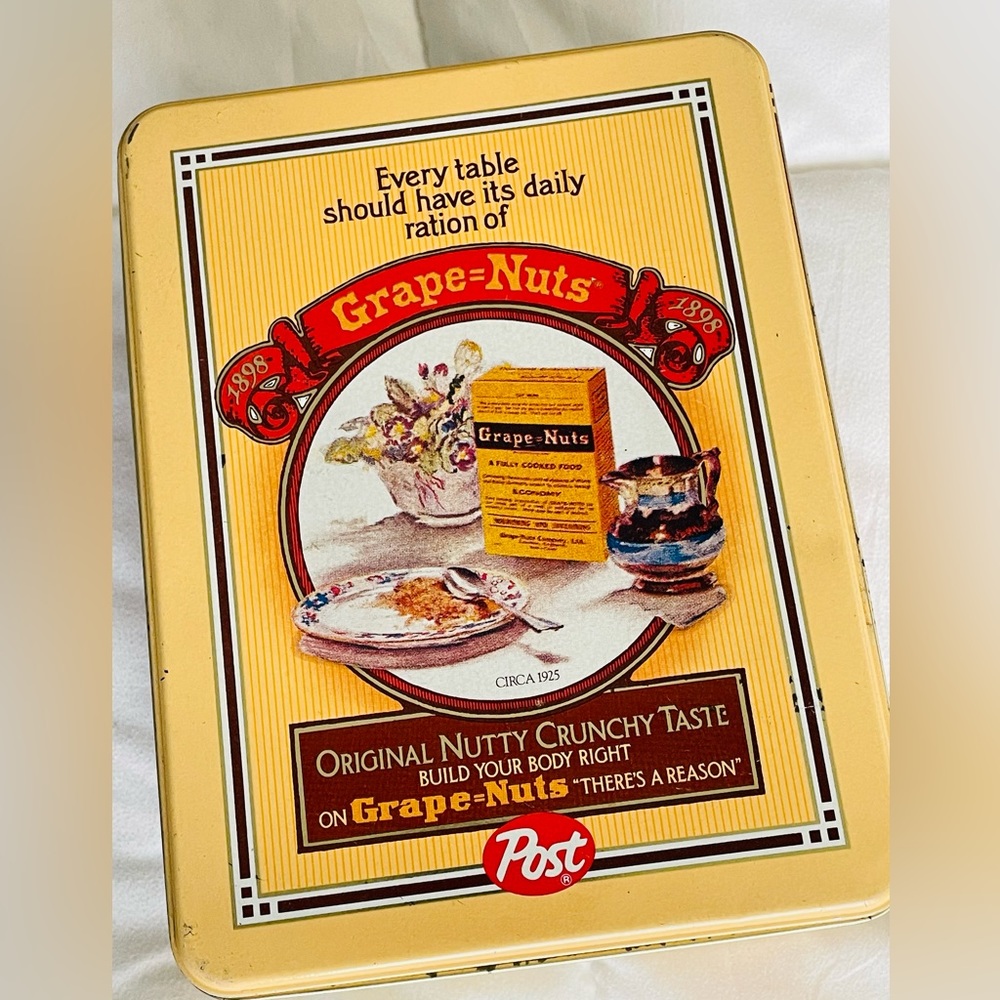 Vintage 1898 Reproduction Grape-Nuts Cereal Tin 8" x 3.25" x 6" No Dents